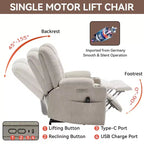 Fauteuil releveur inclinable large en chenille grise avec massage et chaleur, 2 porte-gobelets en acier pour personnes âgées
