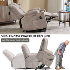 Fauteuil releveur inclinable large en chenille grise avec massage et chaleur, 2 porte-gobelets en acier pour personnes âgées