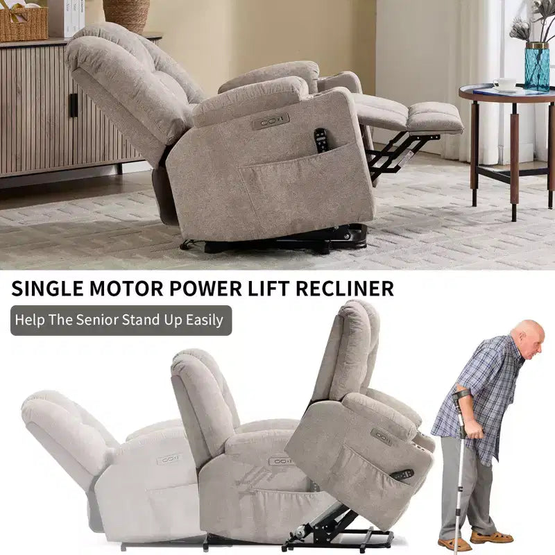 Fauteuil releveur inclinable large en chenille grise avec massage et chaleur, 2 porte-gobelets en acier pour personnes âgées
