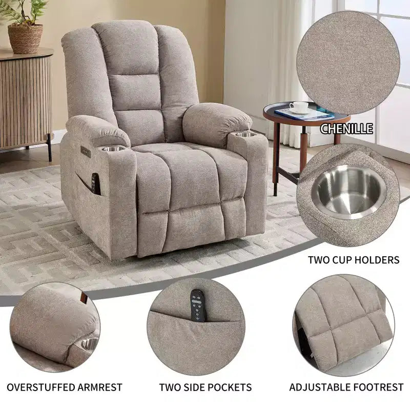 Fauteuil releveur inclinable large en chenille grise avec massage et chaleur, 2 porte-gobelets en acier pour personnes âgées