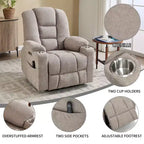 Fauteuil releveur inclinable large en chenille grise avec massage et chaleur, 2 porte-gobelets en acier pour personnes âgées