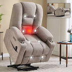 Fauteuil releveur inclinable large en chenille grise avec massage et chaleur, 2 porte-gobelets en acier pour personnes âgées