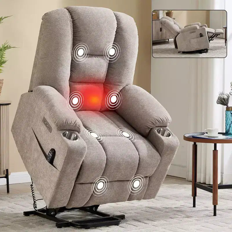 Fauteuil releveur inclinable large en chenille grise avec massage et chaleur, 2 porte-gobelets en acier pour personnes âgées