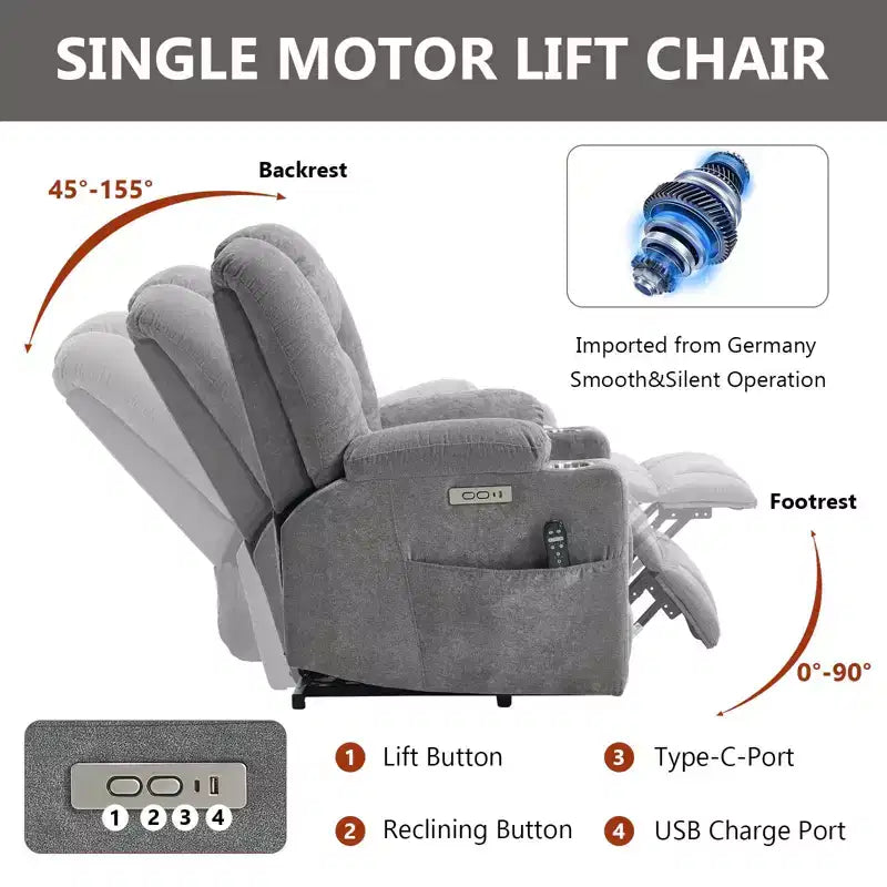 Fauteuil releveur inclinable large en chenille grise avec massage et chaleur, 2 porte-gobelets en acier pour personnes âgées