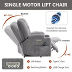 Fauteuil releveur inclinable large en chenille grise avec massage et chaleur, 2 porte-gobelets en acier pour personnes âgées