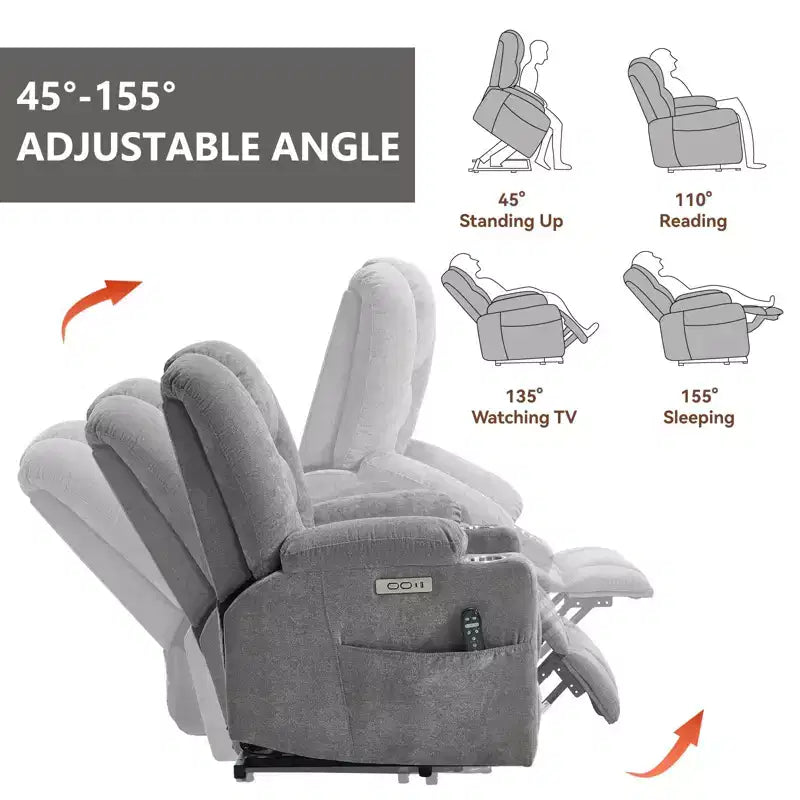 Fauteuil releveur inclinable large en chenille grise avec massage et chaleur, 2 porte-gobelets en acier pour personnes âgées