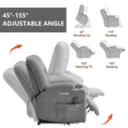 Fauteuil releveur inclinable large en chenille grise avec massage et chaleur, 2 porte-gobelets en acier pour personnes âgées