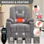 Fauteuil releveur inclinable large en chenille grise avec massage et chaleur, 2 porte-gobelets en acier pour personnes âgées