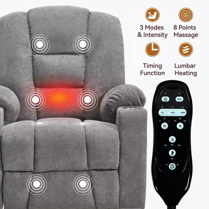 Fauteuil releveur inclinable large en chenille grise avec massage et chaleur, 2 porte-gobelets en acier pour personnes âgées