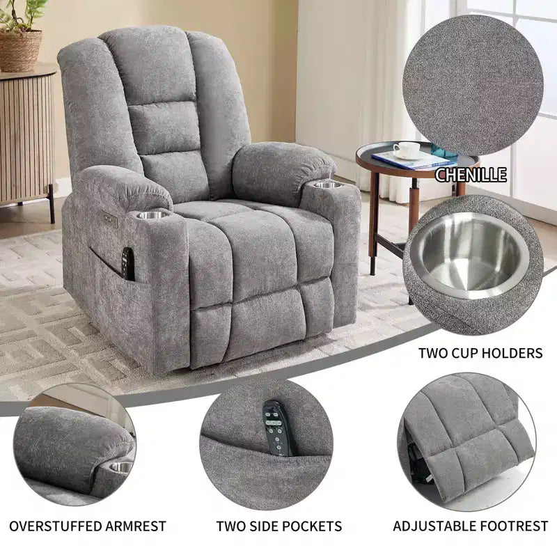 Fauteuil releveur inclinable large en chenille grise avec massage et chaleur, 2 porte-gobelets en acier pour personnes âgées