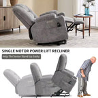 Fauteuil releveur inclinable large en chenille grise avec massage et chaleur, 2 porte-gobelets en acier pour personnes âgées