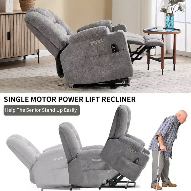 Fauteuil releveur inclinable large en chenille grise avec massage et chaleur, 2 porte-gobelets en acier pour personnes âgées