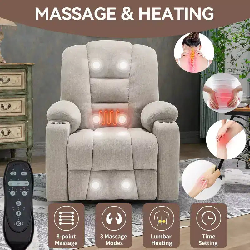 Fauteuil releveur inclinable large en chenille grise avec massage et chaleur, 2 porte-gobelets en acier pour personnes âgées
