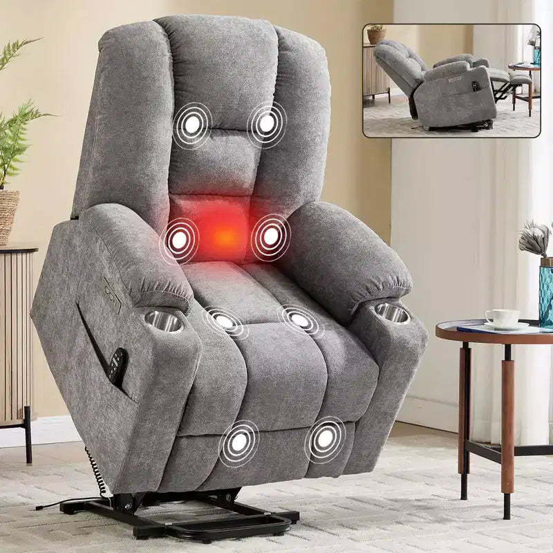 Fauteuil releveur inclinable large en chenille grise avec massage et chaleur, 2 porte-gobelets en acier pour personnes âgées