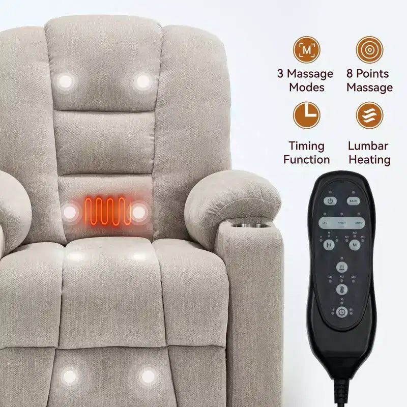 Fauteuil releveur inclinable large en chenille grise avec massage et chaleur, 2 porte-gobelets en acier pour personnes âgées