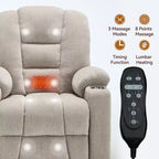 Fauteuil releveur inclinable large en chenille grise avec massage et chaleur, 2 porte-gobelets en acier pour personnes âgées