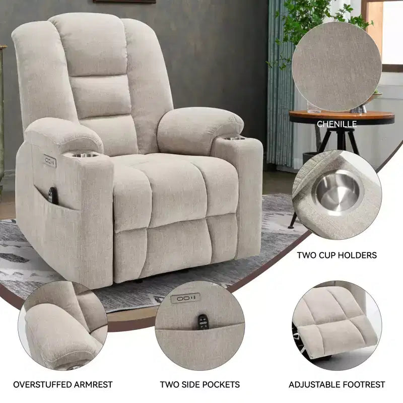 Fauteuil releveur inclinable large en chenille grise avec massage et chaleur, 2 porte-gobelets en acier pour personnes âgées