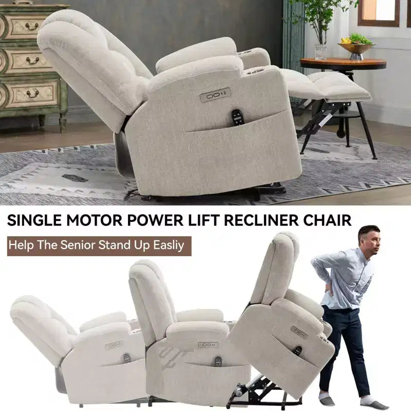 Fauteuil releveur inclinable large en chenille grise avec massage et chaleur, 2 porte-gobelets en acier pour personnes âgées