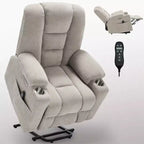Fauteuil releveur inclinable large en chenille grise avec massage et chaleur, 2 porte-gobelets en acier pour personnes âgées