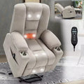 Fauteuil releveur inclinable large en chenille grise avec massage et chaleur, 2 porte-gobelets en acier pour personnes âgées