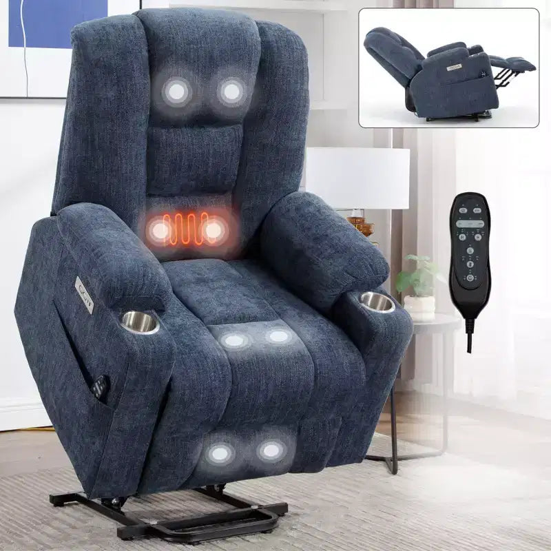 Fauteuil releveur inclinable large en chenille grise avec massage et chaleur, 2 porte-gobelets en acier pour personnes âgées
