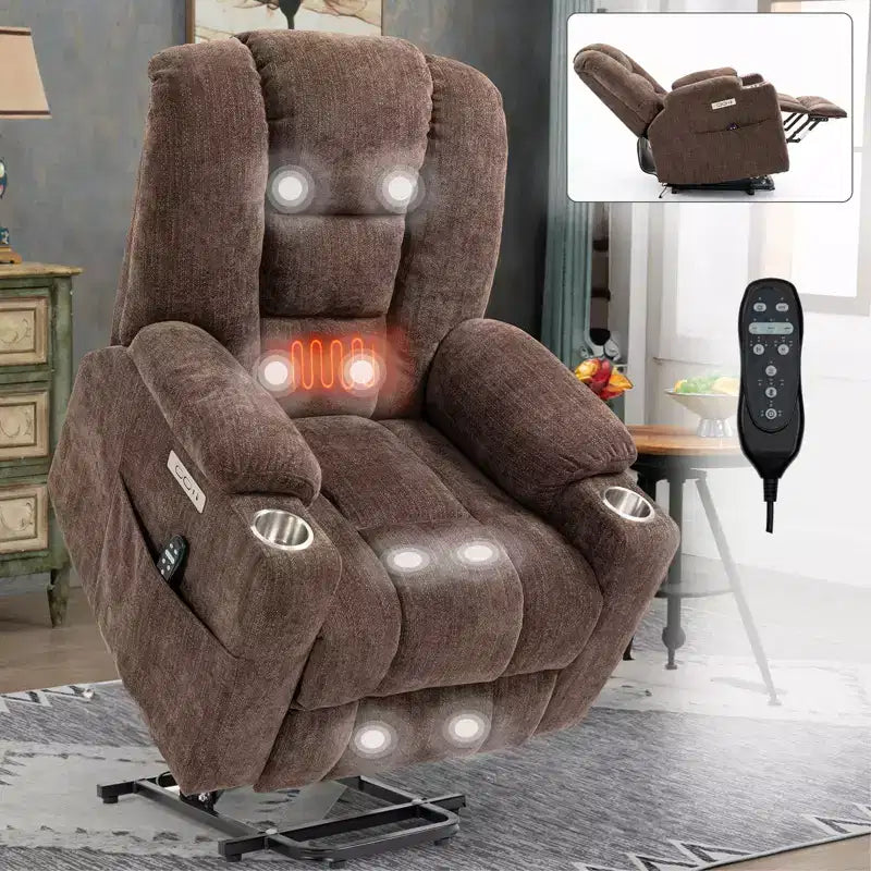 Fauteuil releveur inclinable large en chenille grise avec massage et chaleur, 2 porte-gobelets en acier pour personnes âgées