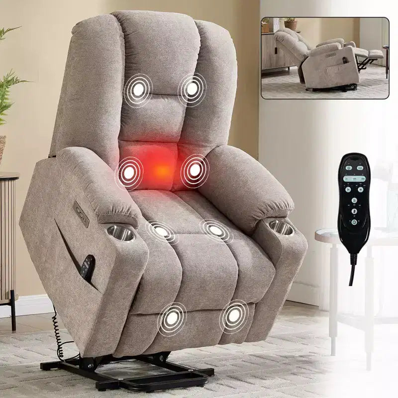 Fauteuil releveur inclinable large en chenille grise avec massage et chaleur, 2 porte-gobelets en acier pour personnes âgées
