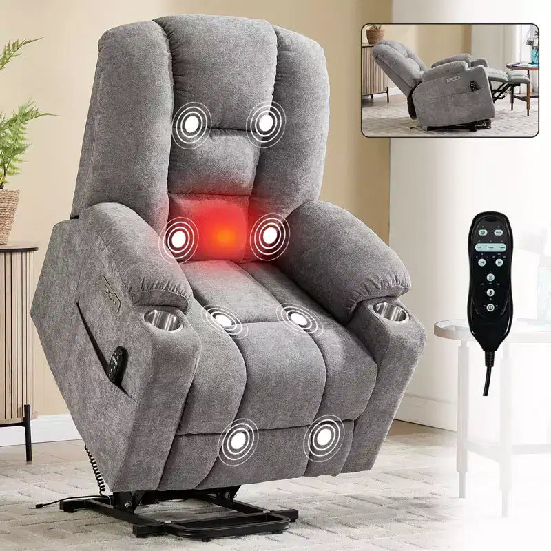 Fauteuil releveur inclinable large en chenille grise avec massage et chaleur, 2 porte-gobelets en acier pour personnes âgées