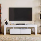 Meuble TV moderne pour téléviseurs de 50 à 75 pouces, meuble de divertissement finition blanche avec fenêtre de visualisation et grand tiroir de rangement, console multimédia multifonctionnelle