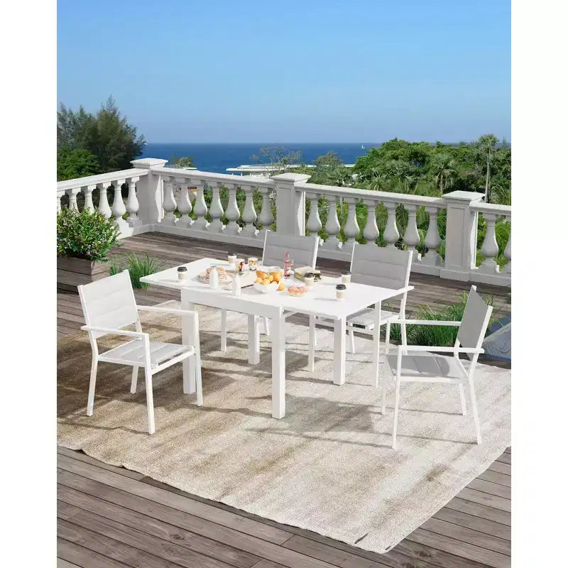 Ensemble de salle à manger d'extérieur extensible pour 4 à 6 personnes, table de patio extensible de 80 à 160 cm, cadre rectangulaire en aluminium, plateau aspect bois