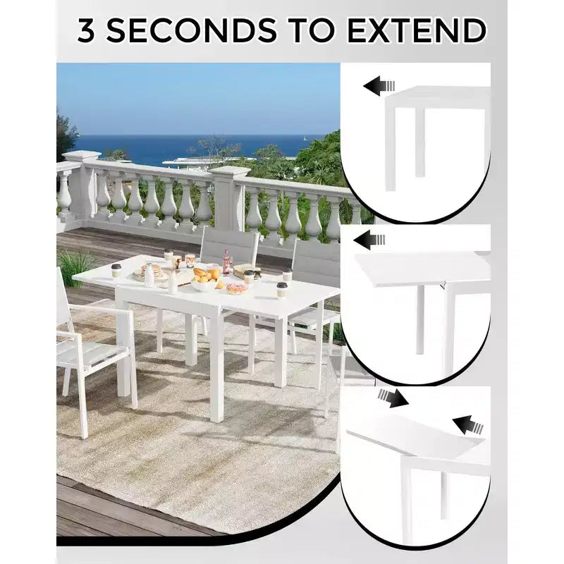 Ensemble de salle à manger d'extérieur extensible pour 4 à 6 personnes, table de patio extensible de 80 à 160 cm, cadre rectangulaire en aluminium, plateau aspect bois