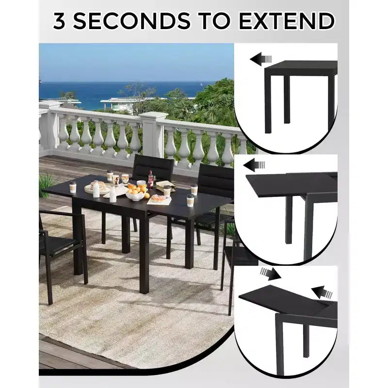 Ensemble de salle à manger d'extérieur extensible pour 4 à 6 personnes, table de patio extensible de 80 à 160 cm, cadre rectangulaire en aluminium, plateau aspect bois