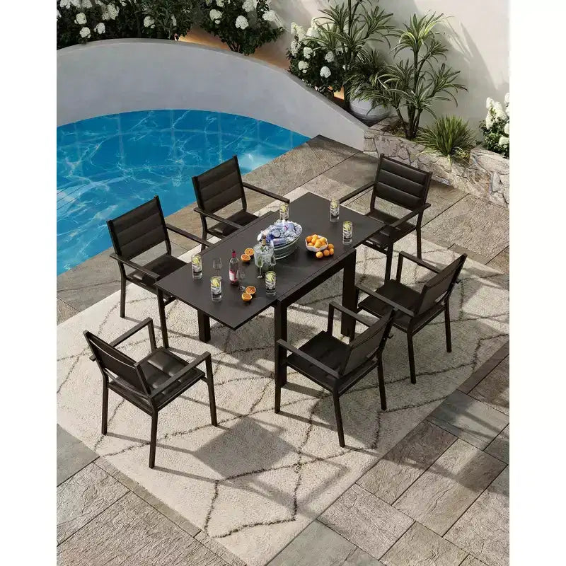 Ensemble de salle à manger d'extérieur extensible pour 4 à 6 personnes, table de patio extensible de 80 à 160 cm, cadre rectangulaire en aluminium, plateau aspect bois