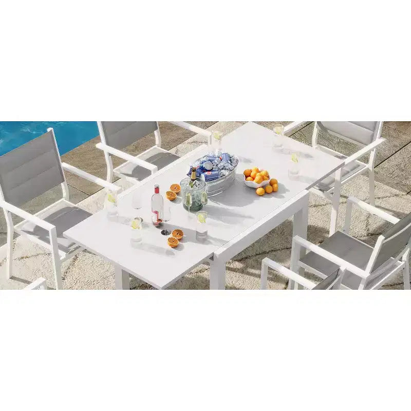 Ensemble de salle à manger d'extérieur extensible pour 4 à 6 personnes, table de patio extensible de 80 à 160 cm, cadre rectangulaire en aluminium, plateau aspect bois