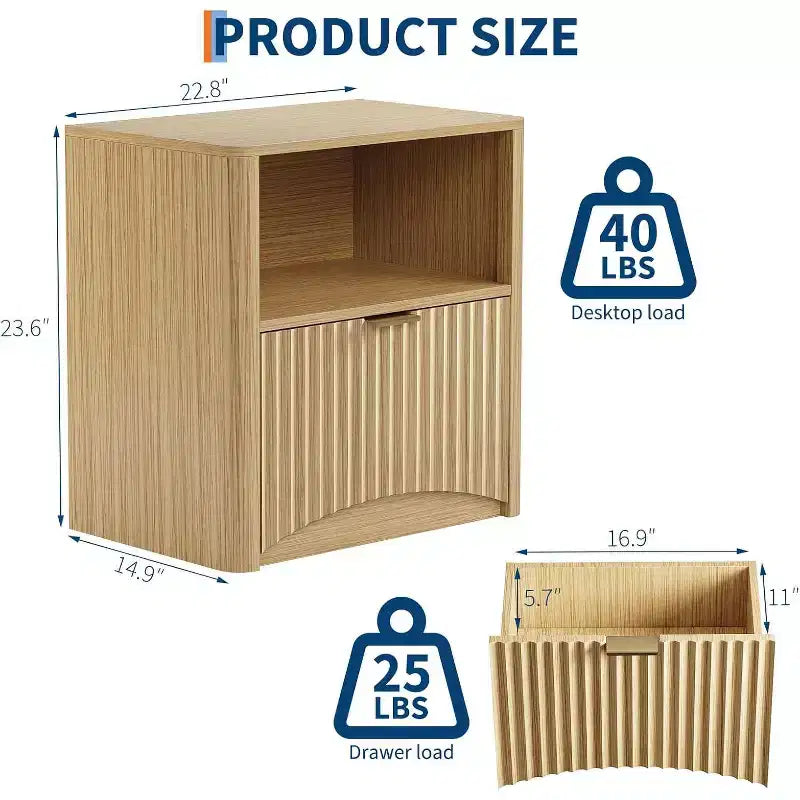 Table de chevet en chêne de 23 pouces, surface imperméable, avec tiroir et rangement, table d'appoint cannelée moderne du milieu du siècle