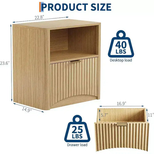 Table de chevet en chêne de 23 pouces, surface imperméable, avec tiroir et rangement, table d'appoint cannelée moderne du milieu du siècle