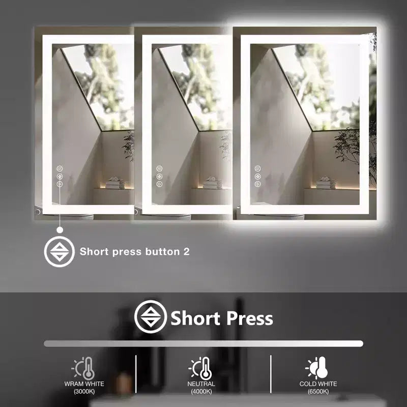 Miroir de courtoisie de salle de bain TUYOHW avec LED anti-buée et double source de lumière, miroir mural à 3 modes avec verre de 3 mm, miroir chic au-dessus de l'évier