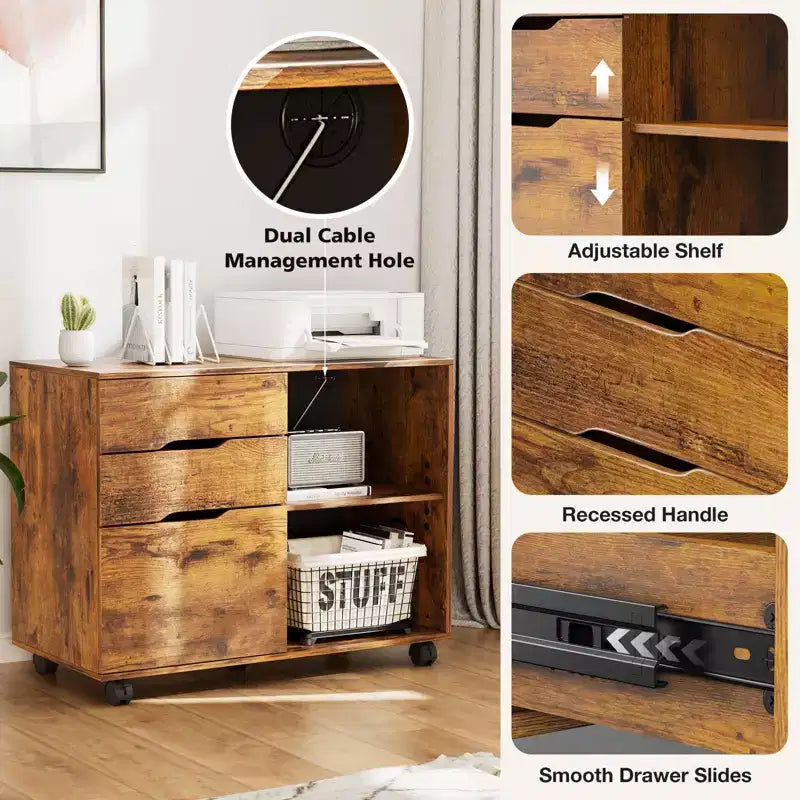 Classeur de rangement multiples TUYOHW à 3 tiroirs, meuble de rangement mobile silencieux pour la maison et le bureau, meuble sous bureau de 78,7 cm L x 61 cm H, 150 kg max.