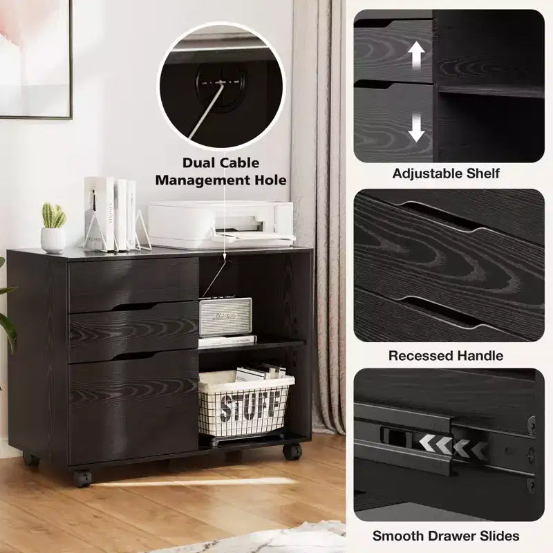 Classeur de rangement multiples TUYOHW à 3 tiroirs, meuble de rangement mobile silencieux pour la maison et le bureau, meuble sous bureau de 78,7 cm L x 61 cm H, 150 kg max.