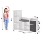 Organisateur de rangement de jouets avec coin lecture Bibliothèque blanche Coussin de siège Banc de rangement en bois à 6 casiers 2 tiroirs Étagère de meuble pour tout-petits pour chambre d'enfants