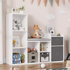 Organisateur de rangement de jouets avec coin lecture Bibliothèque blanche Coussin de siège Banc de rangement en bois à 6 casiers 2 tiroirs Étagère de meuble pour tout-petits pour chambre d'enfants