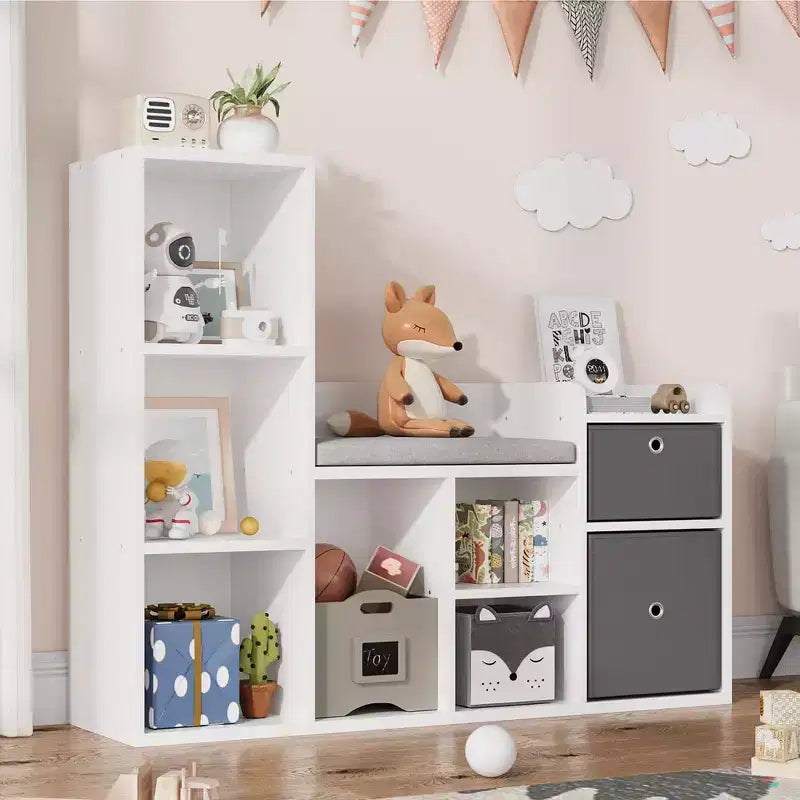 Organisateur de rangement de jouets avec coin lecture Bibliothèque blanche Coussin de siège Banc de rangement en bois à 6 casiers 2 tiroirs Étagère de meuble pour tout-petits pour chambre d'enfants