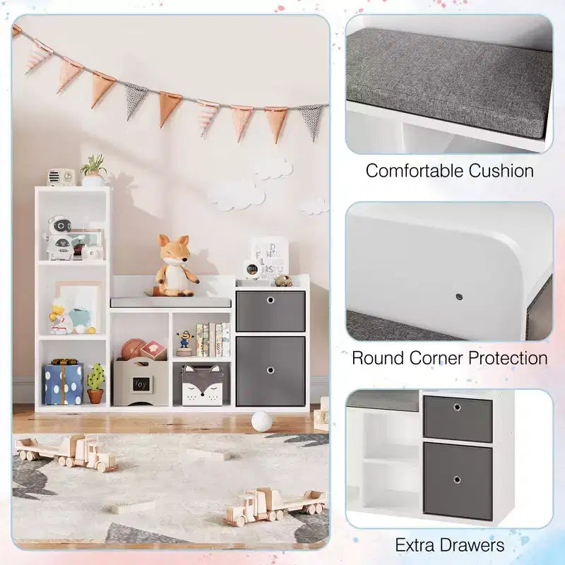 Organisateur de rangement de jouets avec coin lecture Bibliothèque blanche Coussin de siège Banc de rangement en bois à 6 casiers 2 tiroirs Étagère de meuble pour tout-petits pour chambre d'enfants