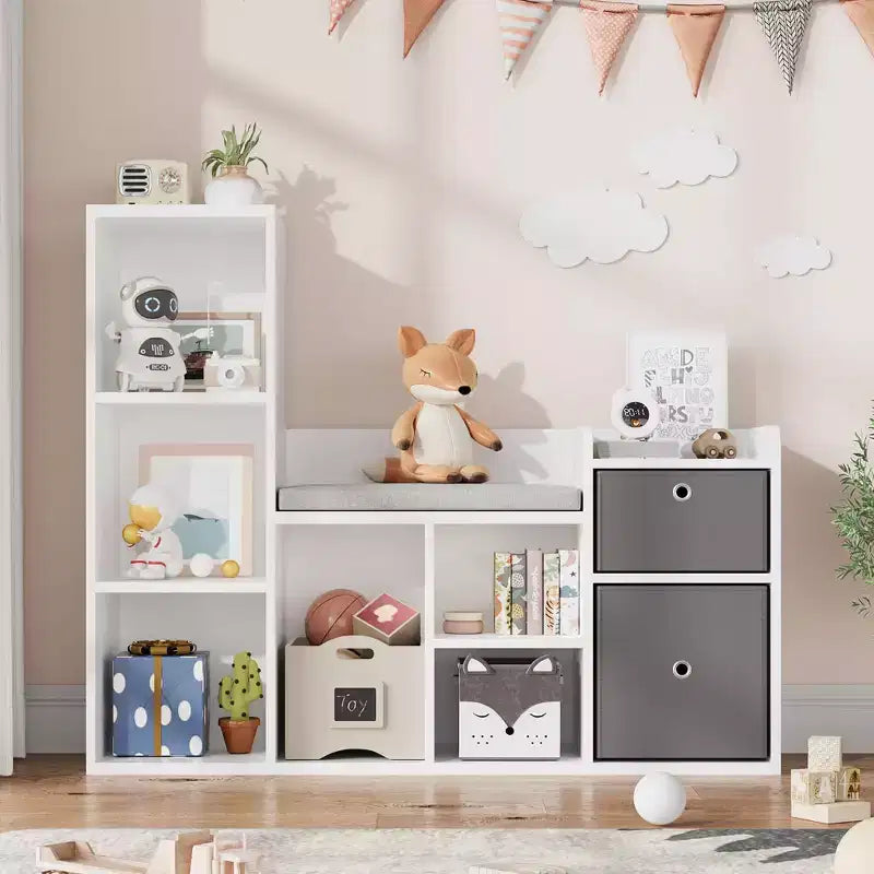 Organisateur de rangement de jouets avec coin lecture Bibliothèque blanche Coussin de siège Banc de rangement en bois à 6 casiers 2 tiroirs Étagère de meuble pour tout-petits pour chambre d'enfants