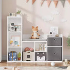 Organisateur de rangement de jouets avec coin lecture Bibliothèque blanche Coussin de siège Banc de rangement en bois à 6 casiers 2 tiroirs Étagère de meuble pour tout-petits pour chambre d'enfants