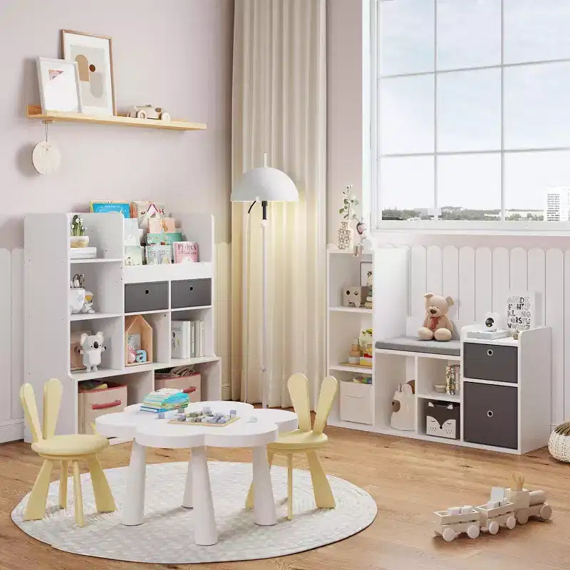 Organisateur de rangement de jouets avec coin lecture Bibliothèque blanche Coussin de siège Banc de rangement en bois à 6 casiers 2 tiroirs Étagère de meuble pour tout-petits pour chambre d'enfants