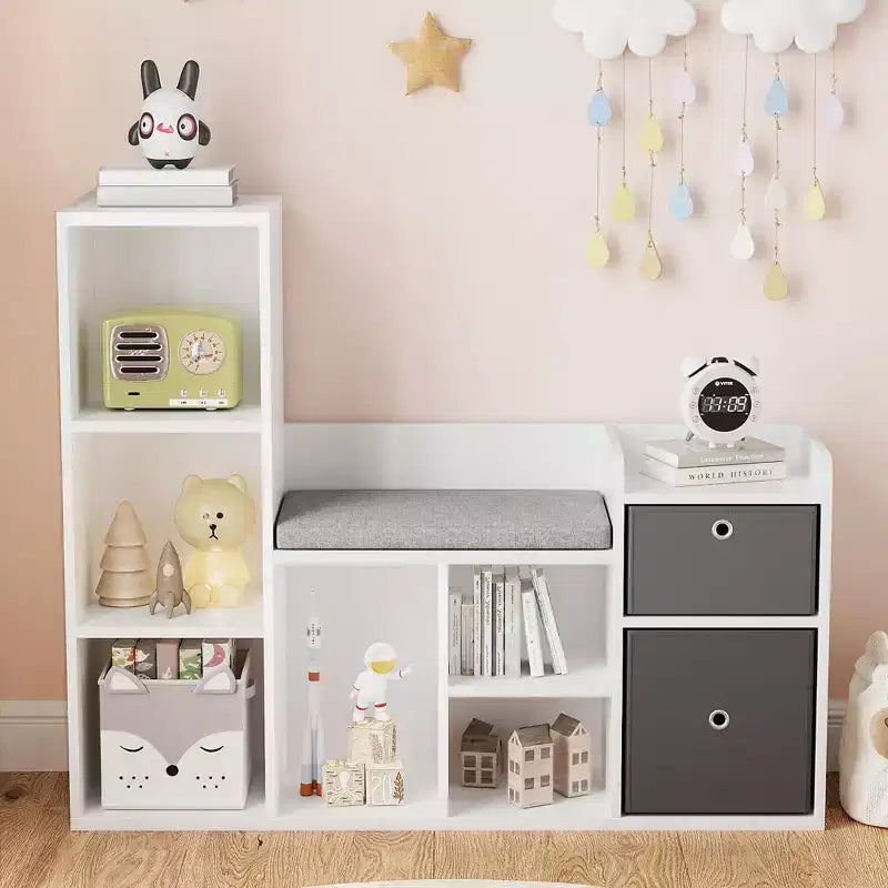Organisateur de rangement de jouets avec coin lecture Bibliothèque blanche Coussin de siège Banc de rangement en bois à 6 casiers 2 tiroirs Étagère de meuble pour tout-petits pour chambre d'enfants