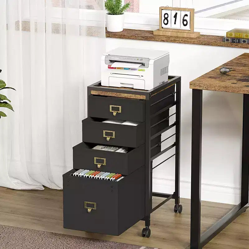 Commode, meuble de rangement à 4 tiroirs en tissu, meuble de classement mobile, rangement de dossiers vertical sous le bureau avec roulettes
