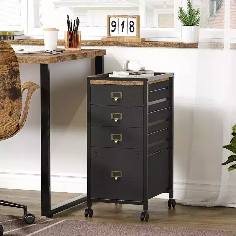 Commode, meuble de rangement à 4 tiroirs en tissu, meuble de classement mobile, rangement de dossiers vertical sous le bureau avec roulettes