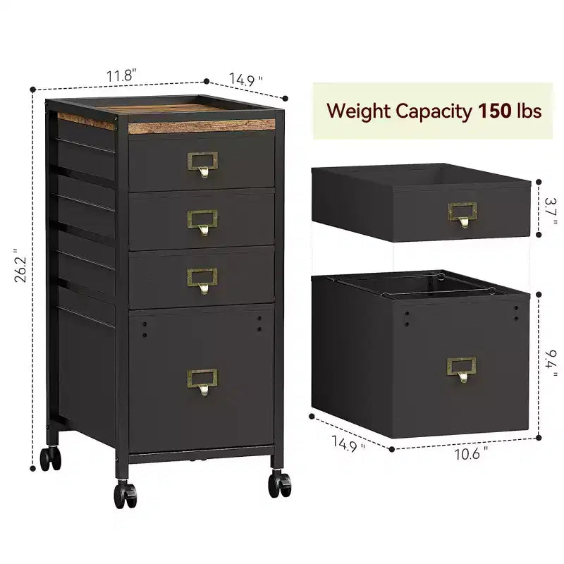 Commode, meuble de rangement à 4 tiroirs en tissu, meuble de classement mobile, rangement de dossiers vertical sous le bureau avec roulettes